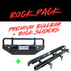 Black rockarmor premium bullbar with integrated rock sliders in rugged steel for offroad 4wd and ute toyota prado fj150