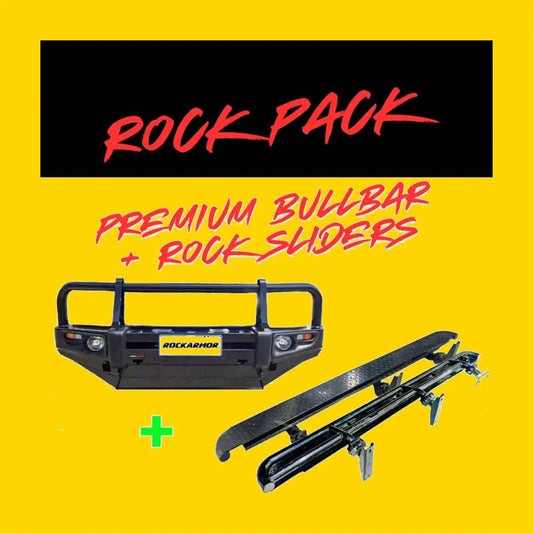 Black rockarmor premium bullbar with integrated rock sliders in rugged steel and red branding for toyota prado fj150 2009-2013