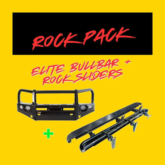 Black Rockarmor rock pack elite bullbar with integrated headlights and rock sliders for rugged off-road use on Toyota Prado fj150