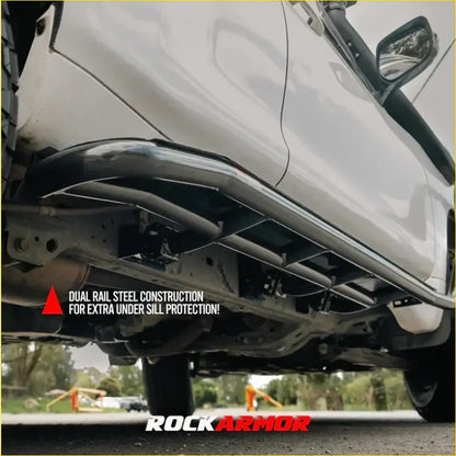 Black dual rail steel underbody protection bar for trucks rockarmor rock sliders side steps suit prado 150 back side
