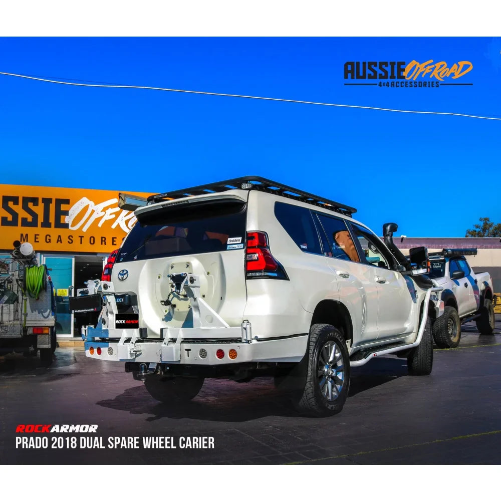 White SUV with rear spare wheel carrier designed for Toyota Landcruiser 150 Series