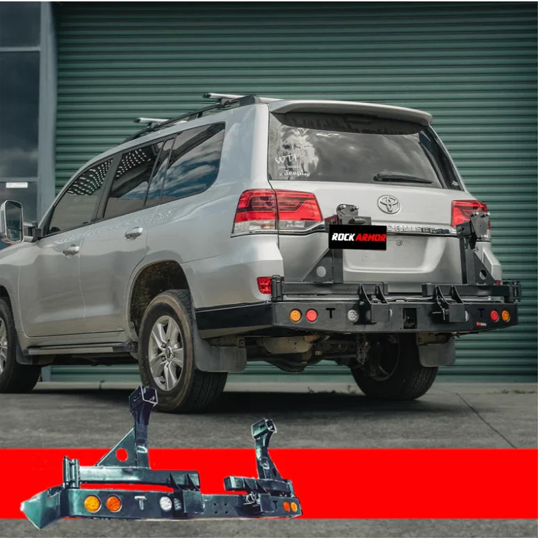 Silver SUV with black rear bar featuring Rockarmor Steel Dual Wheel Carrier for Toyota Landcruiser