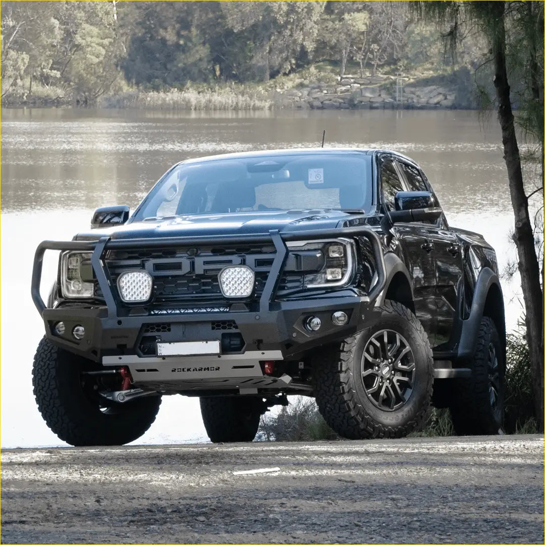 Black ford ranger pickup with rockarmor steel gt hoop bull bar full front heavy-duty bumper for off-road use