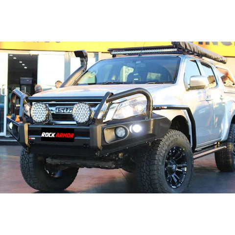 Black rockarmor front bumper with integrated circular led lights and rugged steel design for offroad 4wd utes