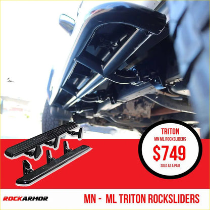 Black rockarmor steel rockslider side steps for mitsubishi triton ml mn with textured non slip black surface