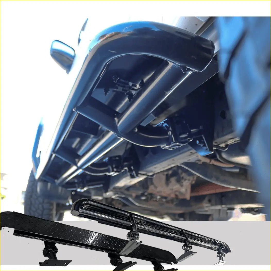 Black rugged steel rockarmor rockslider side steps with diamond plate texture and sturdy mounts for mitsubishi triton ml mn