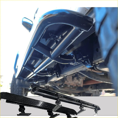 Black rugged steel rockarmor rockslider side steps with diamond plate texture and sturdy mounts for mitsubishi triton ml mn