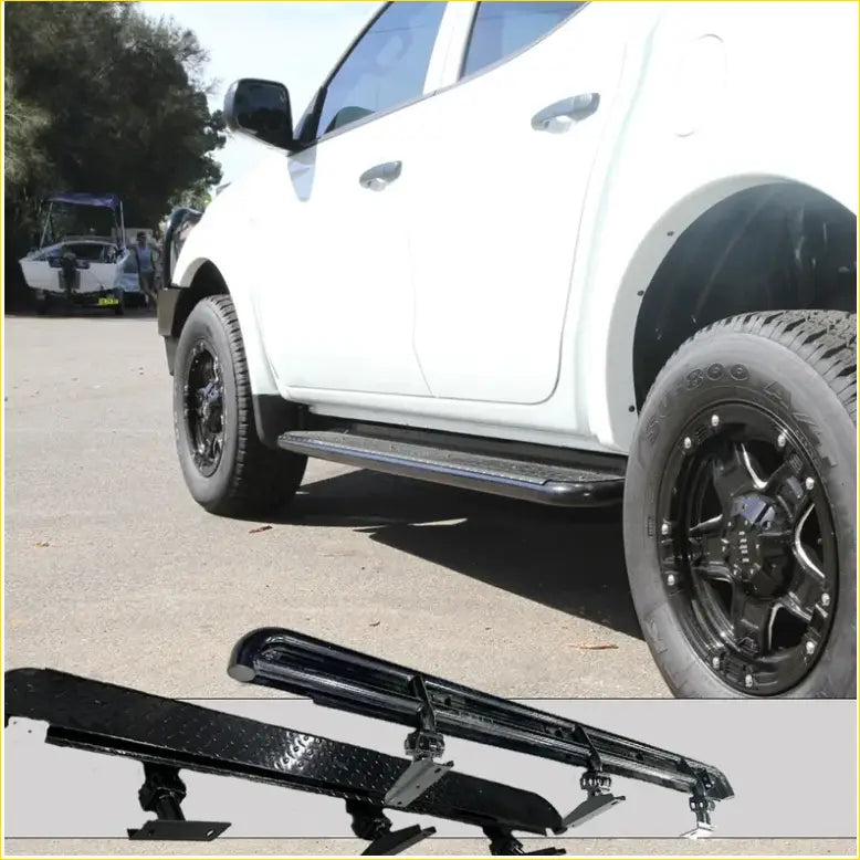 Black textured rockarmor steel rockslider side steps with sleek modern design for mitsubishi triton mv