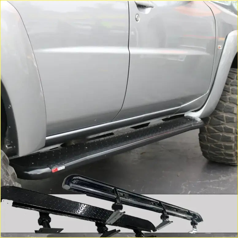 Black textured steel rockarmor rockslider side step with durable finish and sturdy brackets for nissan patrol y62 4wd offroad