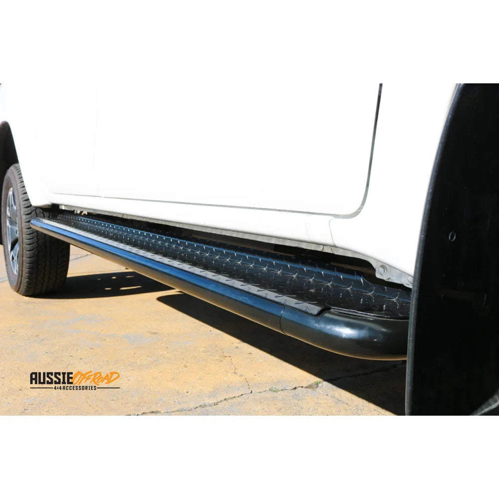 Black steel checker plate running board with diamond tread for Toyota Hilux N80