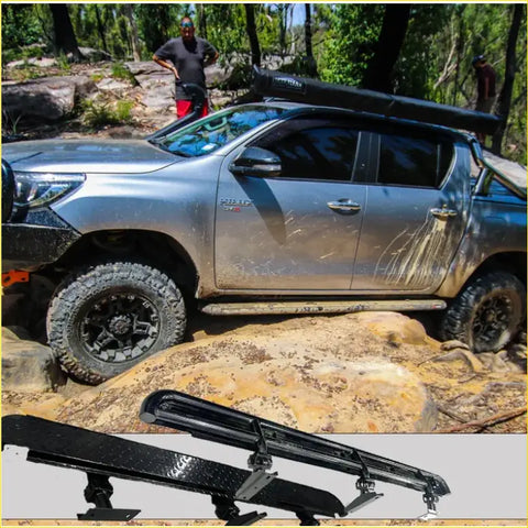 Black carbon fiber roof rack system with integrated brackets and textured finish for 4wd ute offroad use on toyota hilux n80