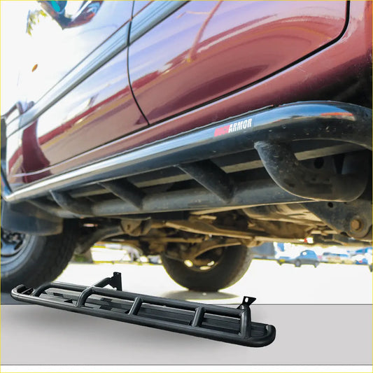 Black metal rockarmor steel rockslider side step with rugged tubular design and mounting brackets for toyota landcruiser 105