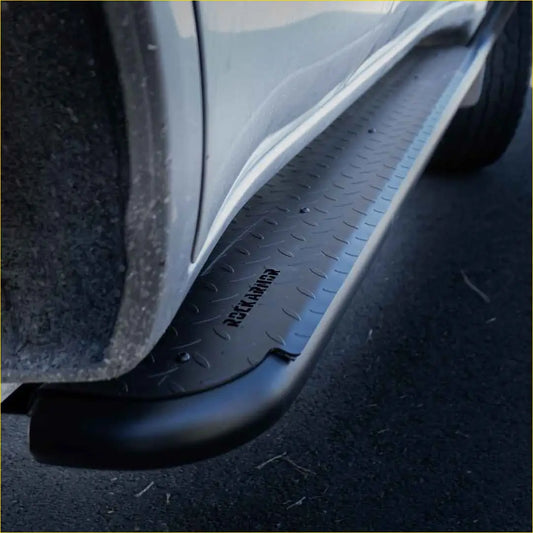 Black diamond-plate textured steel rockarmor rockslider side step with keskaanis logo for Toyota Landcruiser 105