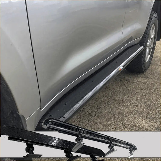 Black diamond plate rockarmor steel rockslider side step with chrome trim for toyota landcruiser 200