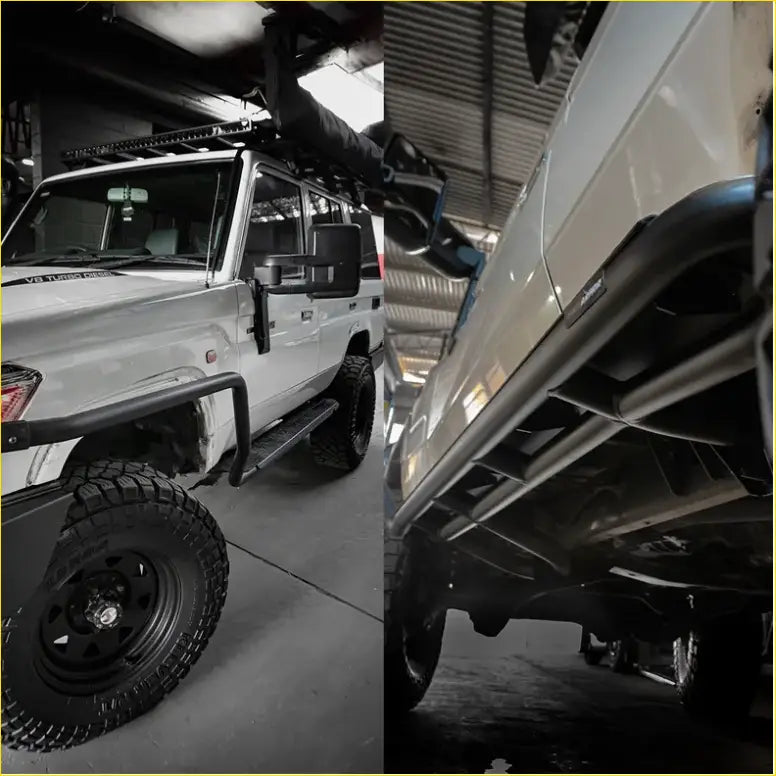 White toyota land cruiser with black offroad tires and rockarmor steel rockslider side steps for 4wd ute
