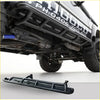 Black metal steel rockslider side step with textured surface and mounting brackets for toyota landcruiser fj80 4wd offroad ute