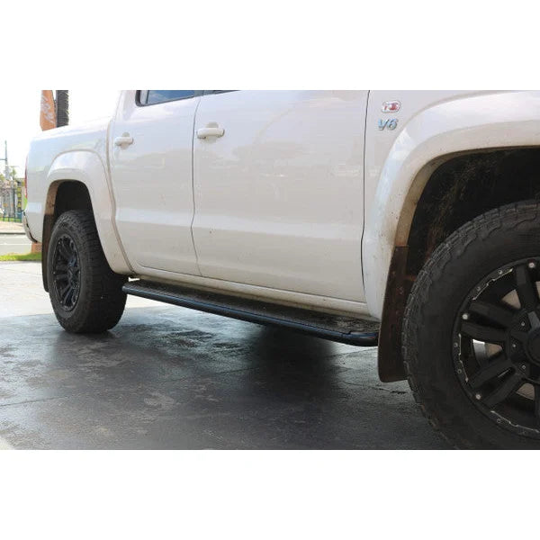 White pickup truck with Rockarmor Steel Rockslider to suit VW Amarok 2010-current
