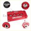 Red mugen performance rocker valve cam cover for b16 b17 b18 vtec engines with silver accents and bold white lettering