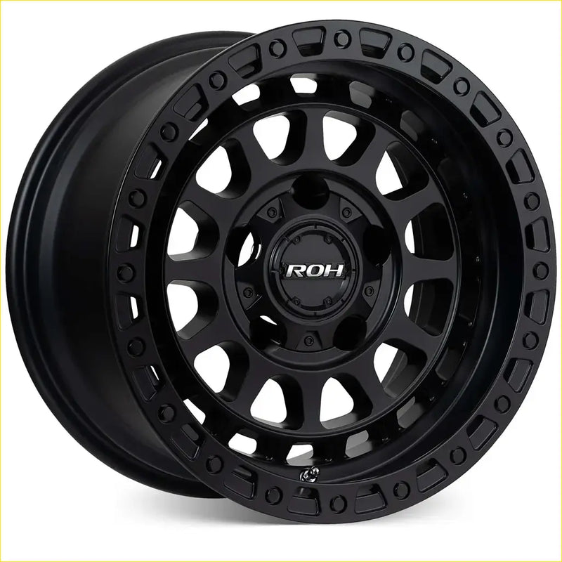 Black matte-finish roh alloy assault wheel 17x9 with rugged multi-spoke design and bold cutouts