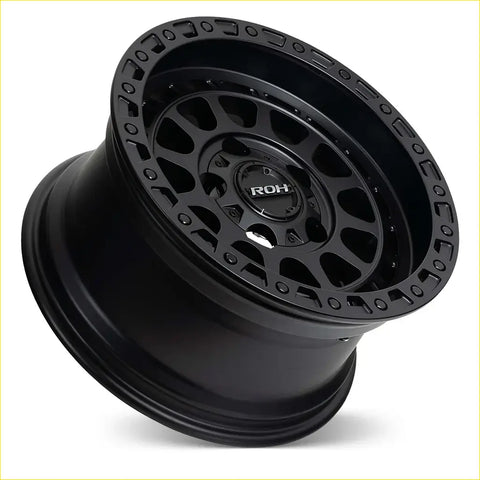 Black matte roh alloy assault wheel with rugged multi-spoke design and circular cutouts 17x9 6x139.7 offset -22
