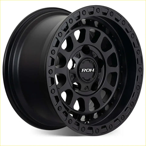 Black matte roh alloy assault wheel with rugged multi-spoke design and circular cutouts 17x9 6x139.7 40 offset
