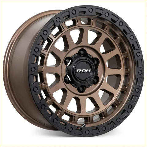 Bronze and black two-tone roh alloy assault 17x9 rugged multi-spoke wheel with roh logo center cap