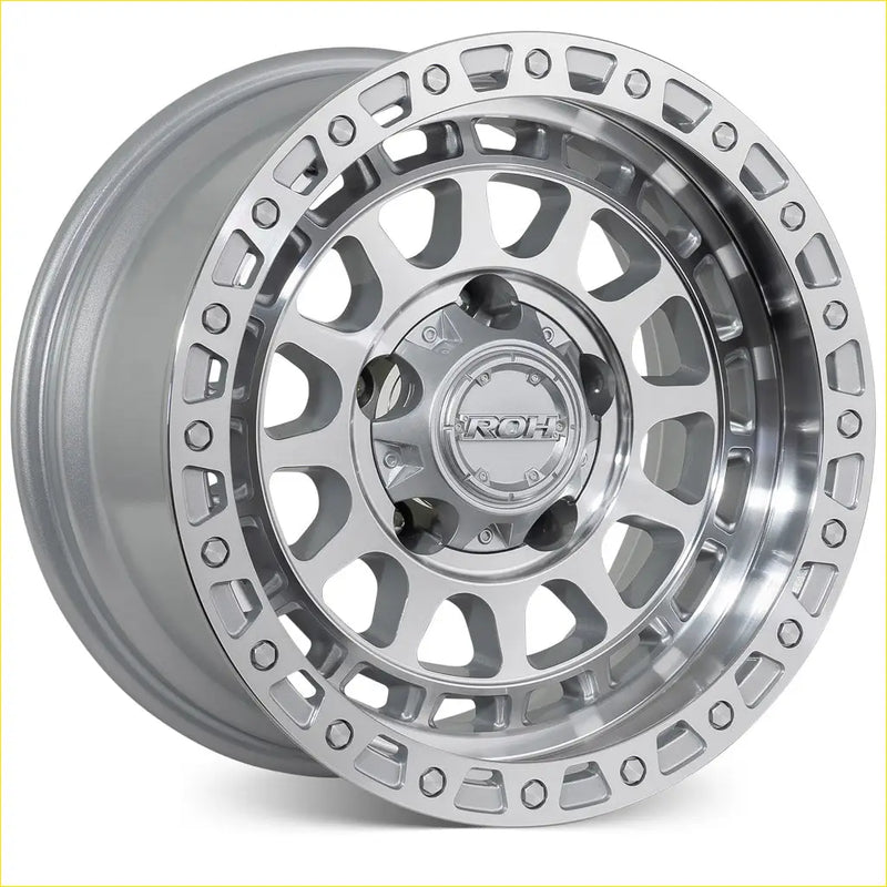 Silver roh alloy assault 17x9 metallic wheel with bold multi-spoke design and machined finish center logo