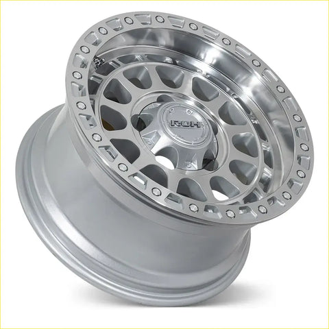 Silver roh alloy assault 17x9 metallic wheel with machined finish and multi-spoke design with roh logo center cap