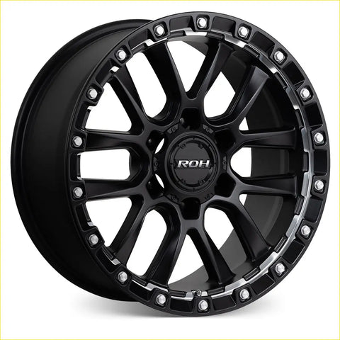 Matt black roh alloy havoc wheel with rugged multi spoke design and silver accent bolts in machine undercut style