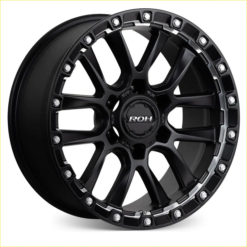 Matt black roh alloy havoc wheel with rugged multi spoke design and silver accent bolts in machine undercut style