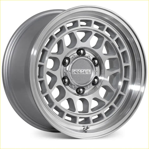 Silver rch alloy wheel roh lotus 17x9 with multi-spoke design black center cap bolts and machined face