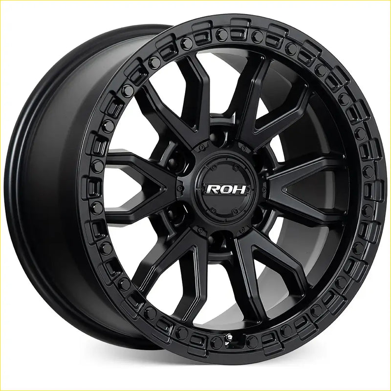 Roh raid matt black 17x9 alloy wheel with rugged multi spoke design and textured outer rim in black matte finish