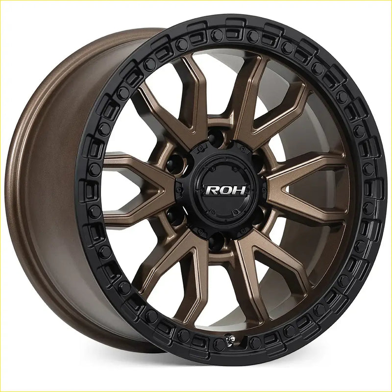 Bronze and black two-tone roh raid matt bronze black lip 17x9 alloy wheel with rugged multi-spoke design