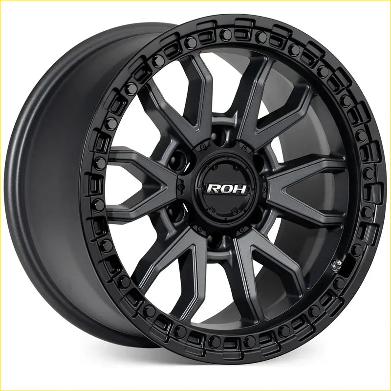 Black matte-finished roh raid alloy wheel with rugged multi-spoke design and textured outer rim in matt gunmetal black lip
