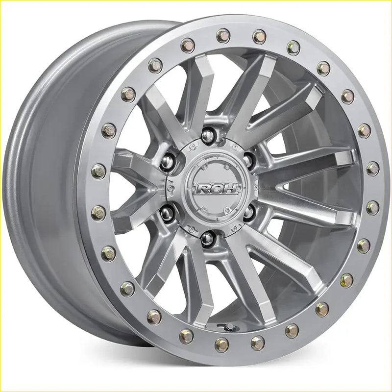 Silver iroh alloy wheel roh zullo with rugged multi-spoke design and gold lug nuts 17x9 6x139.7 offset 22