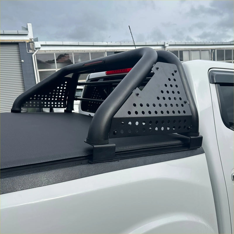 Black perforated metal roll bar sport bar with curved bars and mounting brackets for byd shark 6 truck bed rail back side
