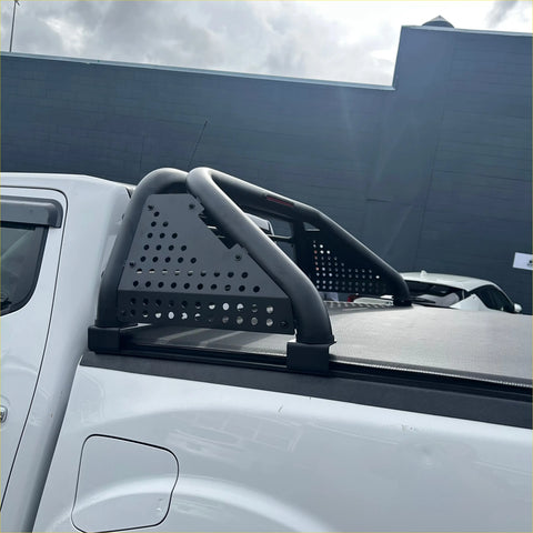 Black perforated metal roll bar with curved tubular bars and brackets for toyota hilux 2005-2015 truck bed rail