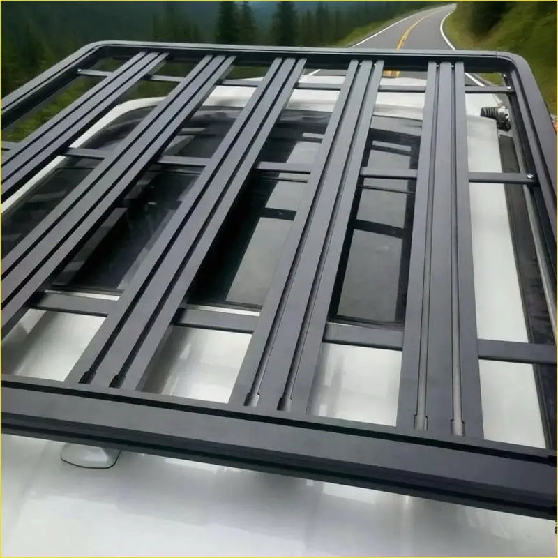 Black metal heavy duty roof rack with grid design mounted on white ford ranger 2022 plus back side view
