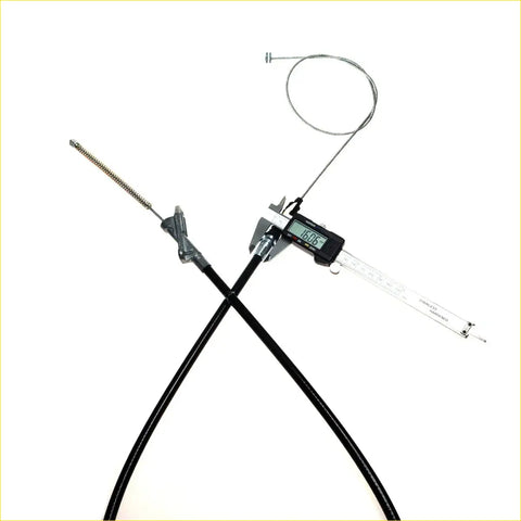 Black rubber-coated rr hand parking brake cable with metallic ends being measured by digital caliper for toyota hilux 2wd