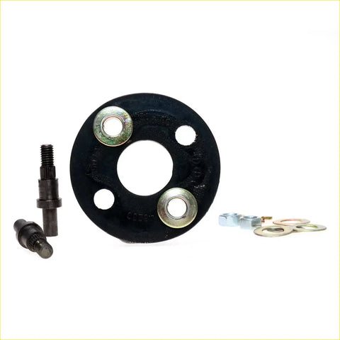 Black cast iron flange with three bolt holes and two silver washers on rubber coupling shaft for toyota 4runner hilux