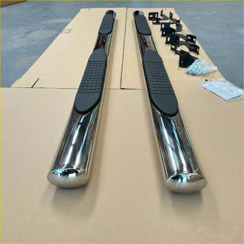 Shiny chrome running board 4 inch oval stainless steel side step rails with black rubber grip pads for ranger double cab