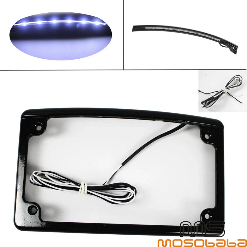 Motorcycle 12° Curved Aluminum License Plate Frame w/6 LED Lights