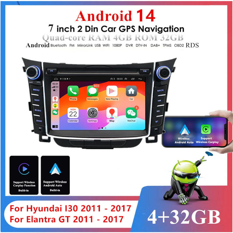 Hyundai I30 Elantra GT 7" Android Stereo GPS Navigation (2011-2017)