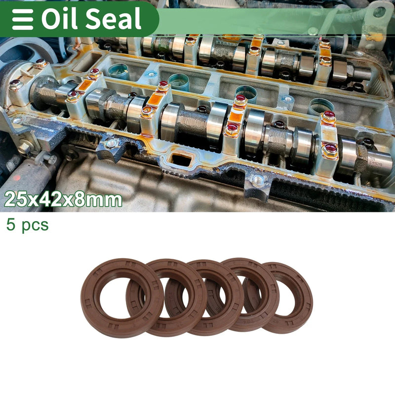 Oil Seal 25x42x8mm FKM Rubber High Pressure Brown 5 Pcs