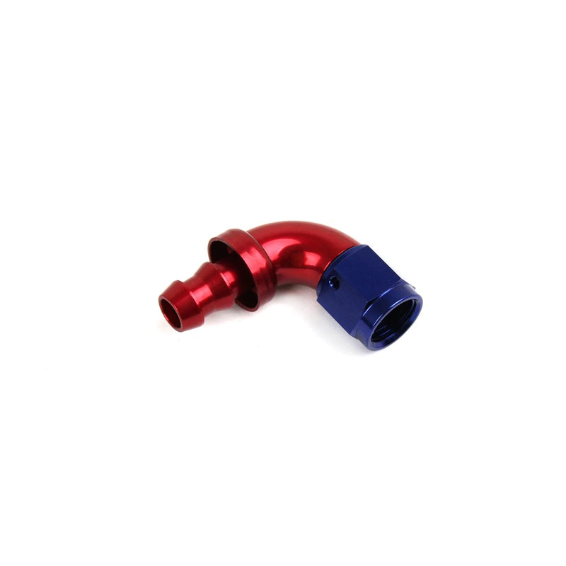 90 Degree -6 AN Push Lock Hose End Fitting Red/Blue Anodized Aluminum