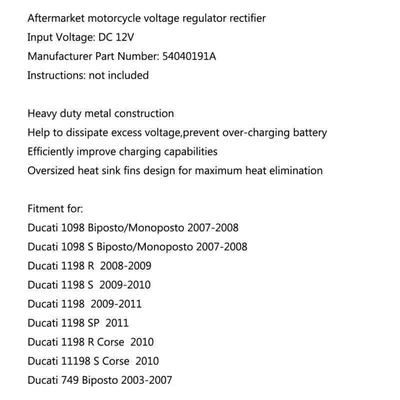 Ducati 1098 Biposto / Monoposto Voltage Regulator Rectifier (2007-2008)