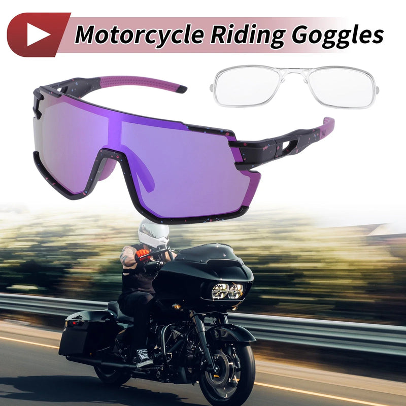 Motorcycle Riding Goggles Purple Lens Black with Red Blue Spots Frame