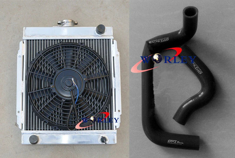 Datsun 1200 3 Row Aluminum Radiator + Fan + Blue Hose (1970-1976)