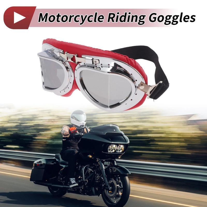 Motorcycle Riding Goggles Silver Tone Lens Red Silver Tone Frame PC PU Sponge