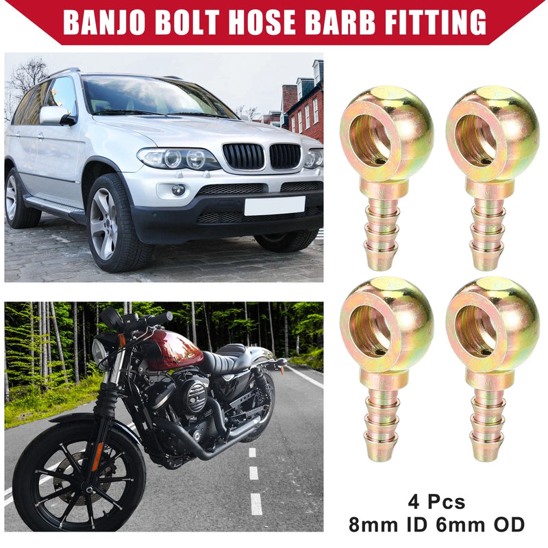Car Motorcycle 4 Pcs Banjo Bolt Hose Barb Fitting 8mm ID 6mm OD